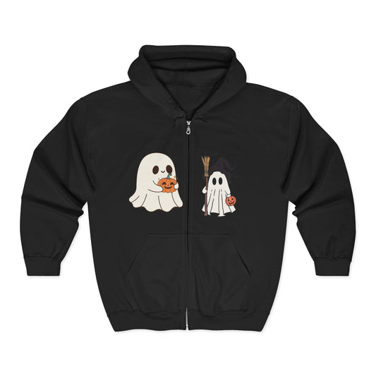 Spooky Ghost Zip Hoodie, Halloween Sweatshirt, Cozy Unisex Hoodie, Fall Fashion, Cute Pumpkin Ghost Apparel